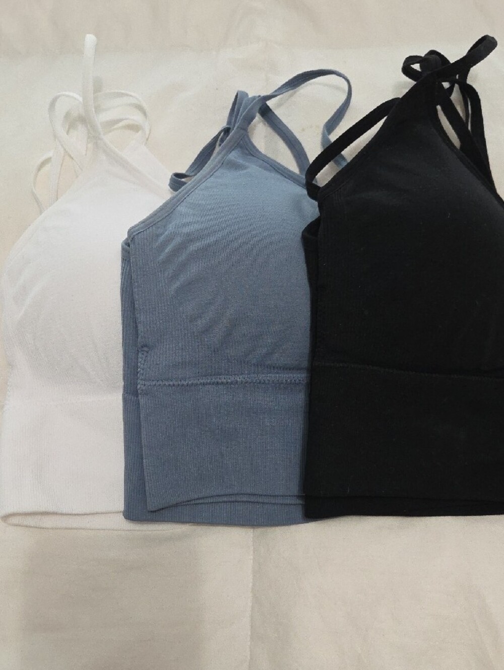 Seamless Strappy Bralette Trio - Black, White & Dusty Blue
